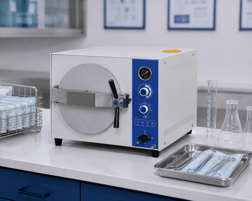 tabletop autoclave in clinic or laboratory countertop sterilization area