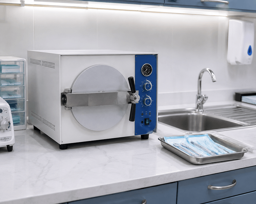 tabletop autoclave near point of use in clinic or dental sterilization area