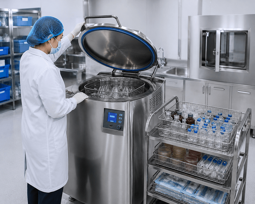 top loading vertical autoclave in laboratory sterilization room